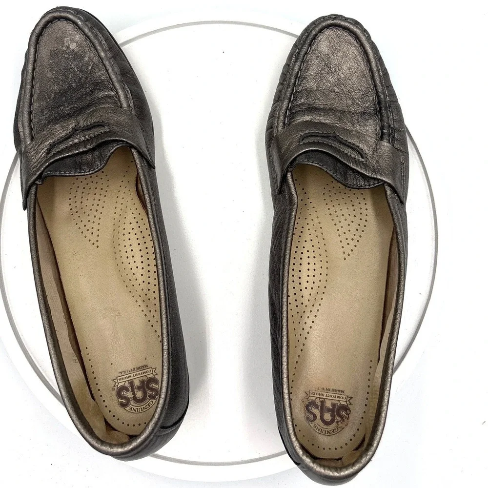 SAS Womens Penny Loafers Metallic Pewter Leather Tripad Comfort Shoes USA Made